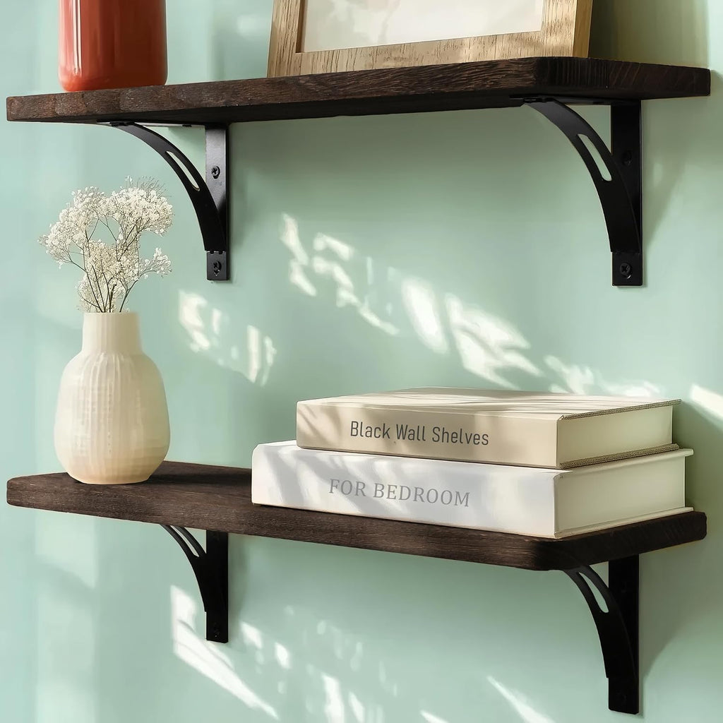 Reinforced Steel Bracket Brown Shelves for Wall - Easy to Install, Template and Video Included - Wall Mounted Rustic Wood Shelves for Bathroom, Wall Shelves for Living Room