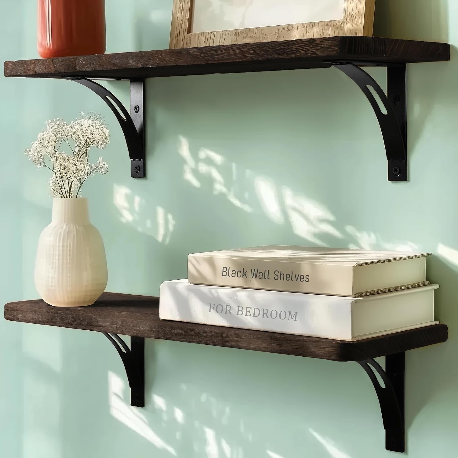 Reinforced Steel Bracket Brown Shelves for Wall - Easy to Install, Template and Video Included - Wall Mounted Rustic Wood Shelves for Bathroom, Wall Shelves for Living Room