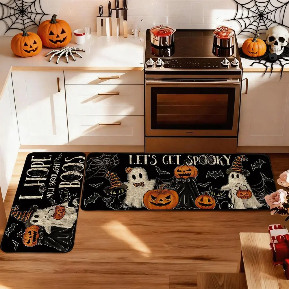 2Pcs Holloween Kitchen Rug Mat BOO! Terrifying Skeleton Horror Pumpkin Bat Spider Web Wizard Floor Mat Set Farmhouse Kitchen Rug Non Slip Restaurant Floor Dining Room Laundry Room Decor Carpet Mat Fall Decor Home Decor Rug Kitchen Floor Mats