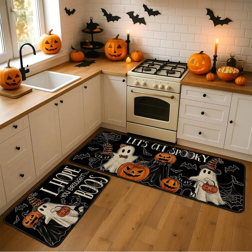 2Pcs Holloween Kitchen Rug Mat BOO! Terrifying Skeleton Horror Pumpkin Bat Spider Web Wizard Floor Mat Set Farmhouse Kitchen Rug Non Slip Restaurant Floor Dining Room Laundry Room Decor Carpet Mat Fall Decor Home Decor Rug Kitchen Floor Mats