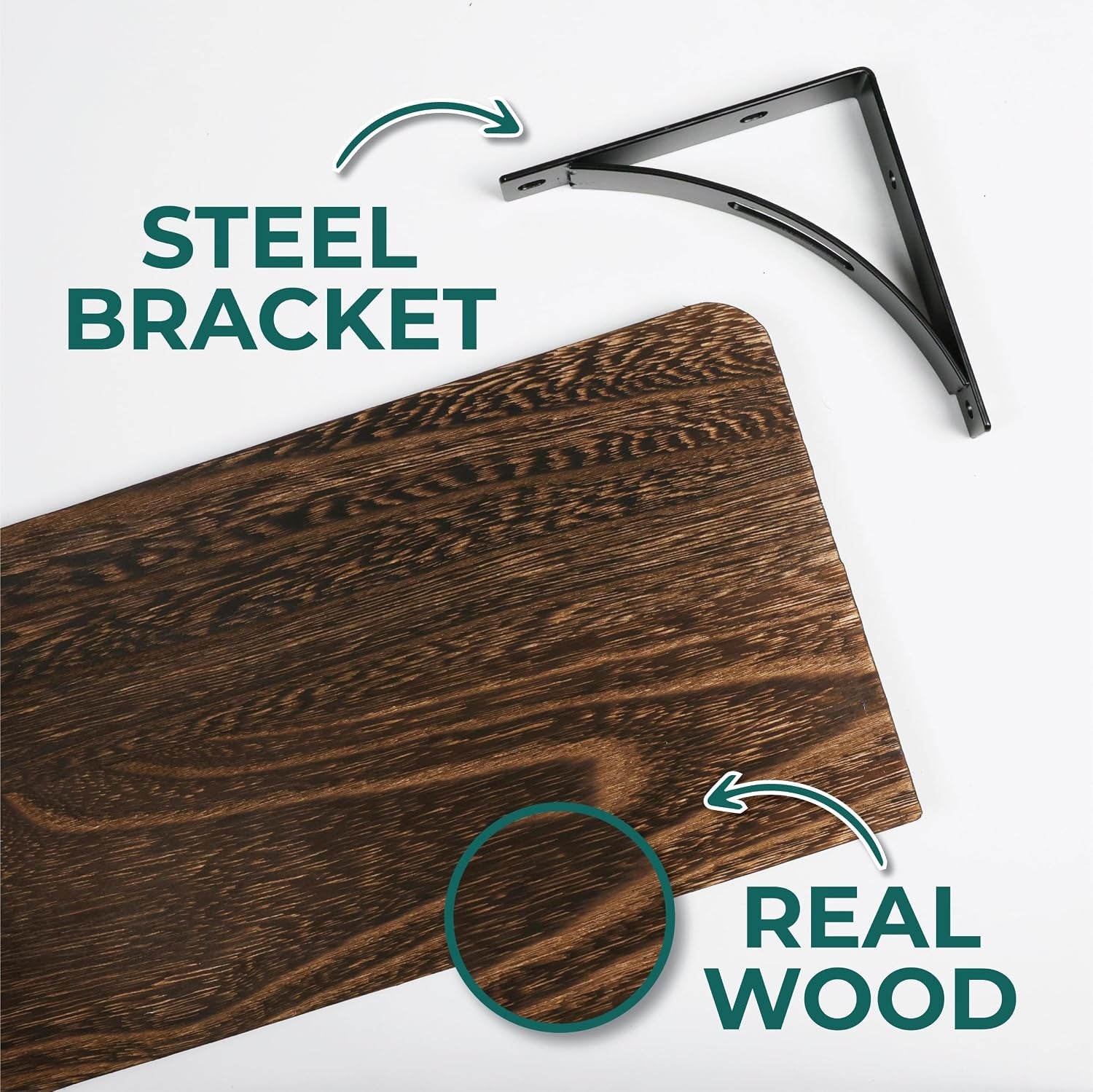 Reinforced Steel Bracket Brown Shelves for Wall - Easy to Install, Template and Video Included - Wall Mounted Rustic Wood Shelves for Bathroom, Wall Shelves for Living Room