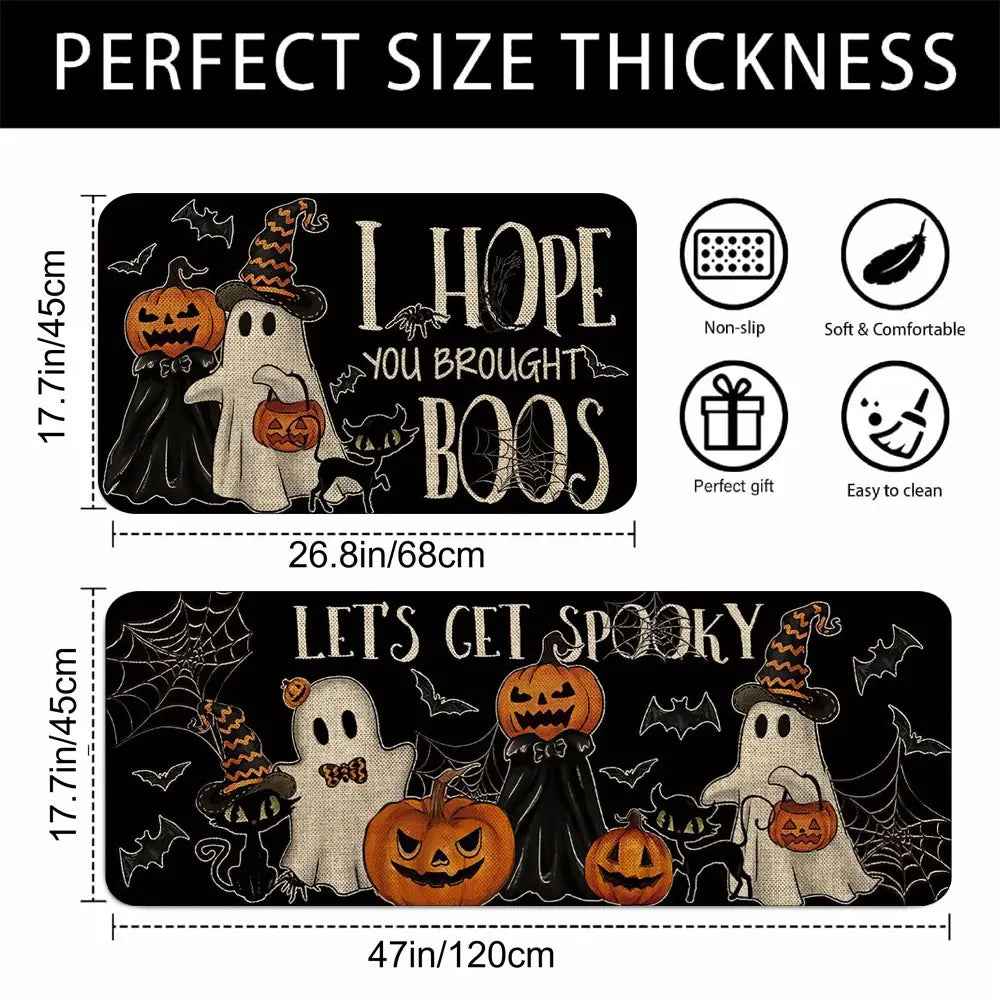 2Pcs Holloween Kitchen Rug Mat BOO! Terrifying Skeleton Horror Pumpkin Bat Spider Web Wizard Floor Mat Set Farmhouse Kitchen Rug Non Slip Restaurant Floor Dining Room Laundry Room Decor Carpet Mat Fall Decor Home Decor Rug Kitchen Floor Mats