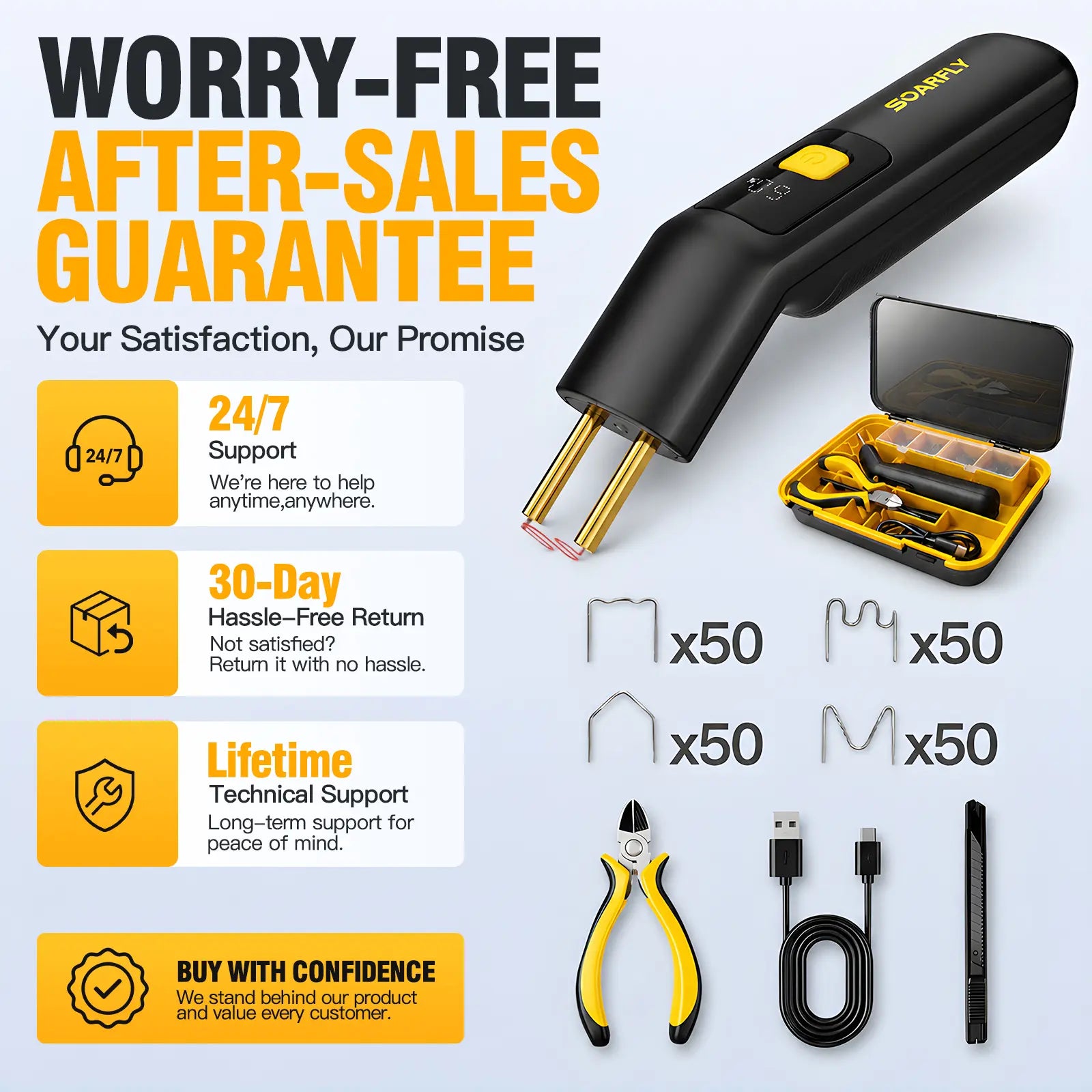 SOARFLY F4 Cordless Plastic Welder Kit, Ergonomic Portable Plastic Welding Kit with 200 Staplers, Front Light, Hot Stapler Kit, Plastic Welder Gun Kit, Storage Toolbox for Bumper Repairs, DIY Projects