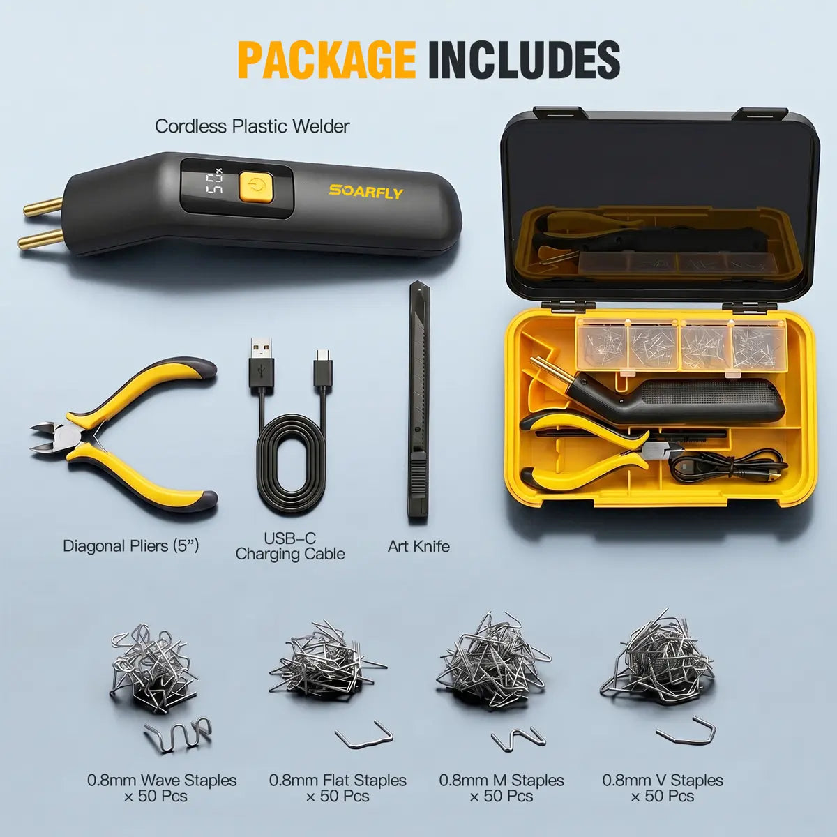 SOARFLY F4 Cordless Plastic Welder Kit, Ergonomic Portable Plastic Welding Kit with 200 Staplers, Front Light, Hot Stapler Kit, Plastic Welder Gun Kit, Storage Toolbox for Bumper Repairs, DIY Projects