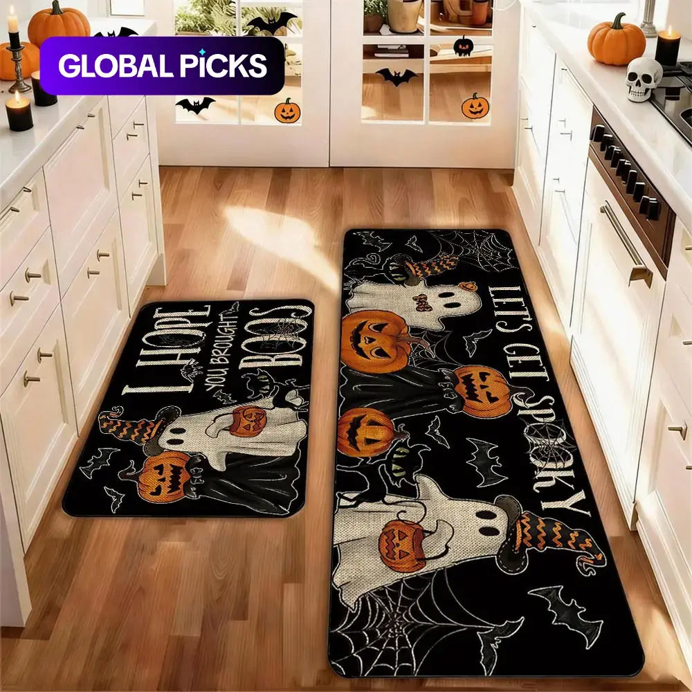 2Pcs Holloween Kitchen Rug Mat BOO! Terrifying Skeleton Horror Pumpkin Bat Spider Web Wizard Floor Mat Set Farmhouse Kitchen Rug Non Slip Restaurant Floor Dining Room Laundry Room Decor Carpet Mat Fall Decor Home Decor Rug Kitchen Floor Mats