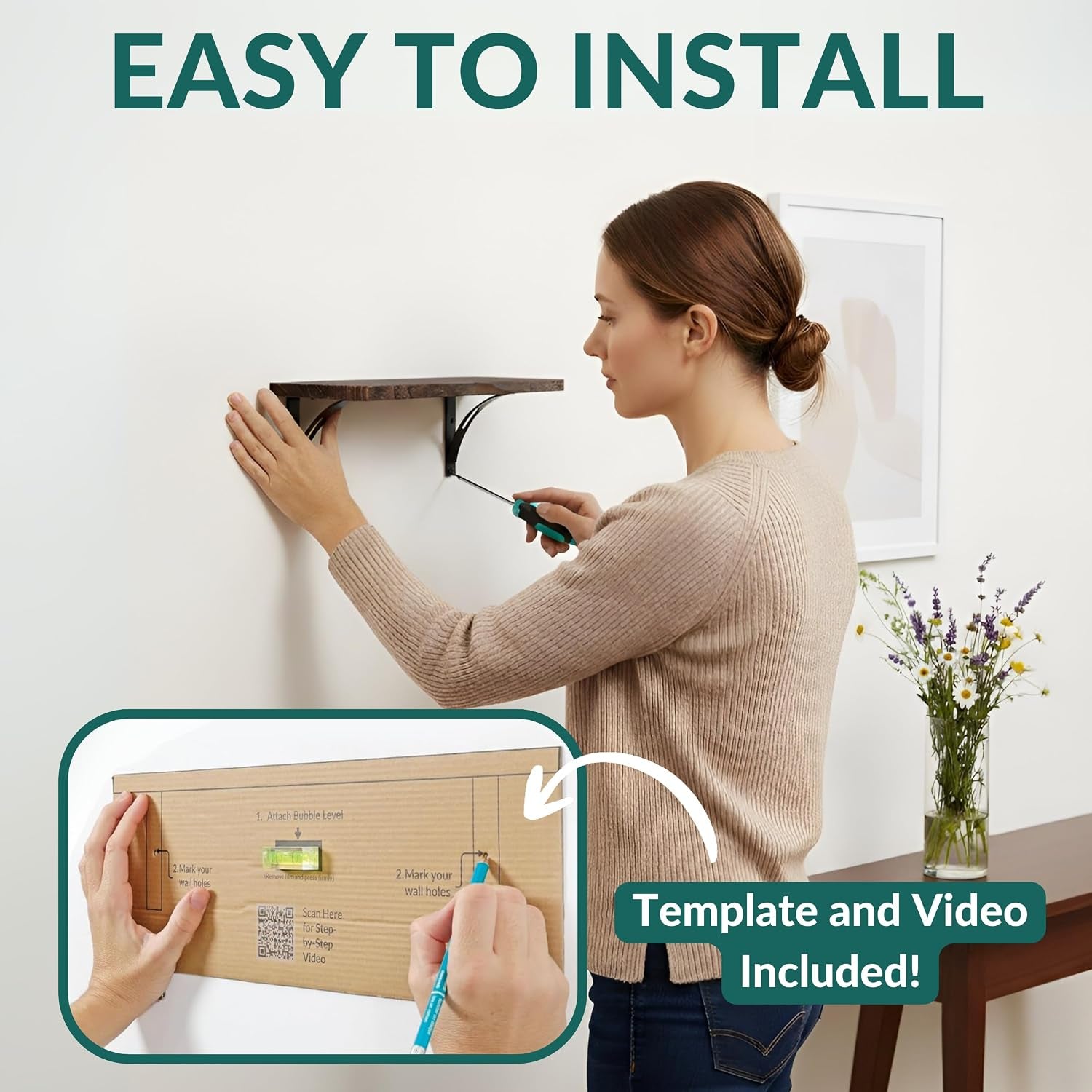 Reinforced Steel Bracket Brown Shelves for Wall - Easy to Install, Template and Video Included - Wall Mounted Rustic Wood Shelves for Bathroom, Wall Shelves for Living Room
