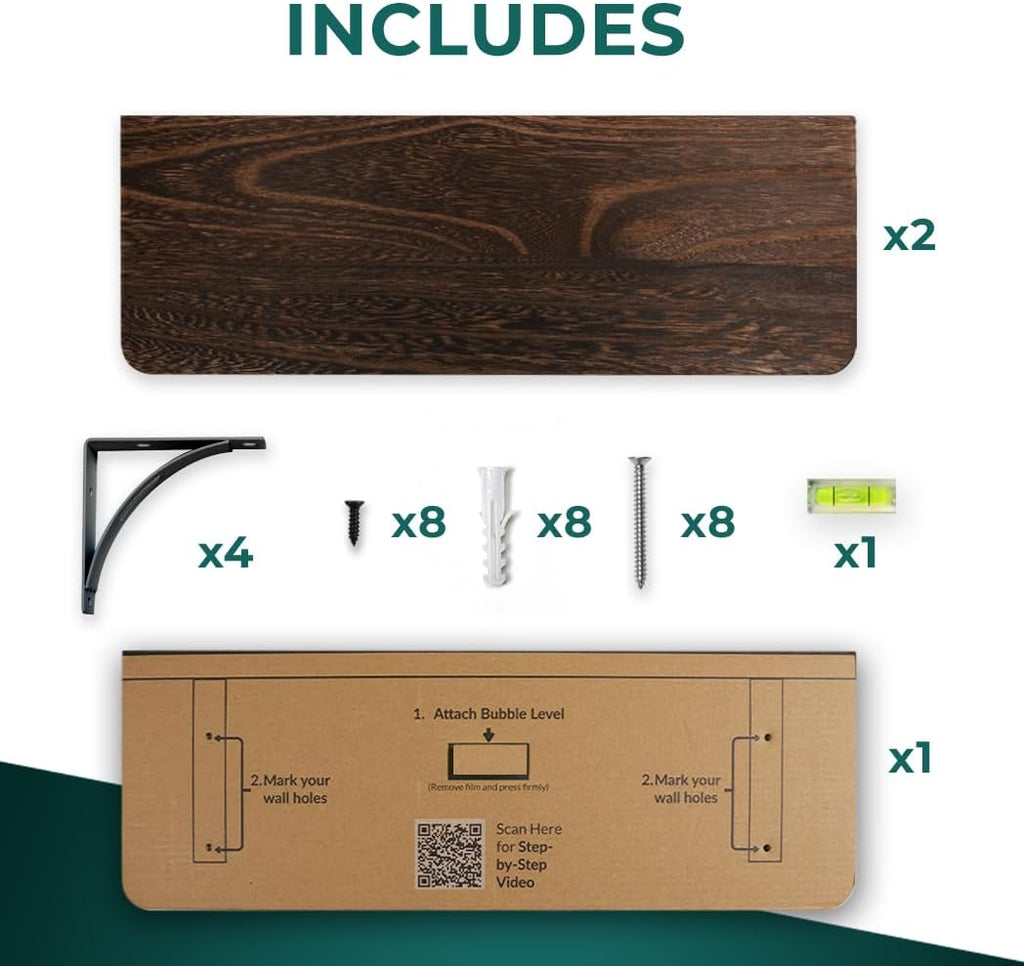 Reinforced Steel Bracket Brown Shelves for Wall - Easy to Install, Template and Video Included - Wall Mounted Rustic Wood Shelves for Bathroom, Wall Shelves for Living Room