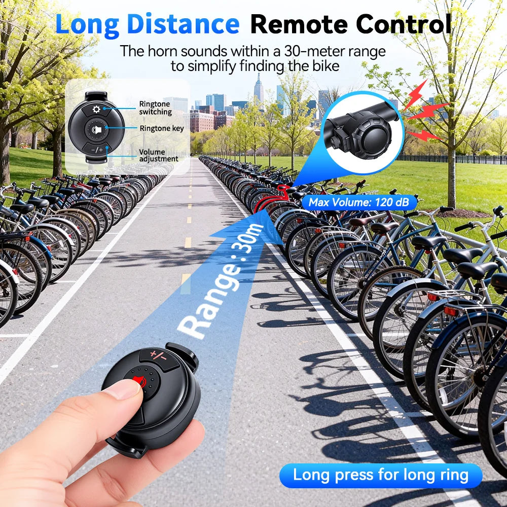 120Db Electric Bike Bell Rechargeable Bicycle Horn Remote Control Waterproof Cycling Scooter Warning Alarm Ring