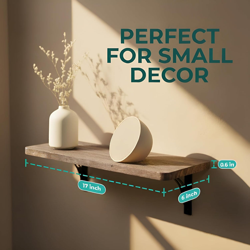 Reinforced Steel Bracket Brown Shelves for Wall - Easy to Install, Template and Video Included - Wall Mounted Rustic Wood Shelves for Bathroom, Wall Shelves for Living Room
